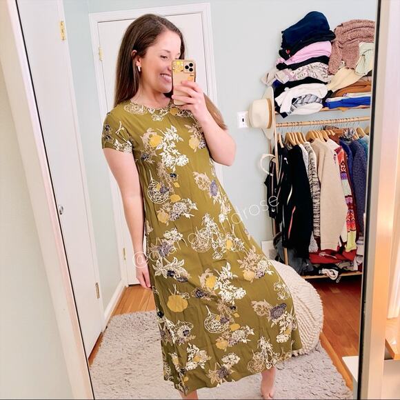 Christy Dawn Original Super Rare Earthy Green Floral Rayon Shift Maxi Dress XS/S